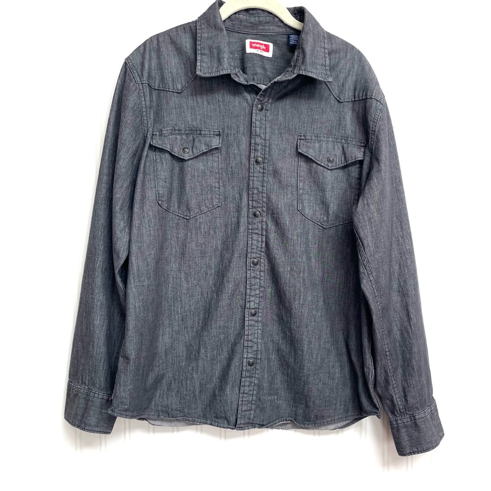 Wrangler‎ Mens Western Button-Down Shirt Dark Gray Denim with Black Snap Buttons